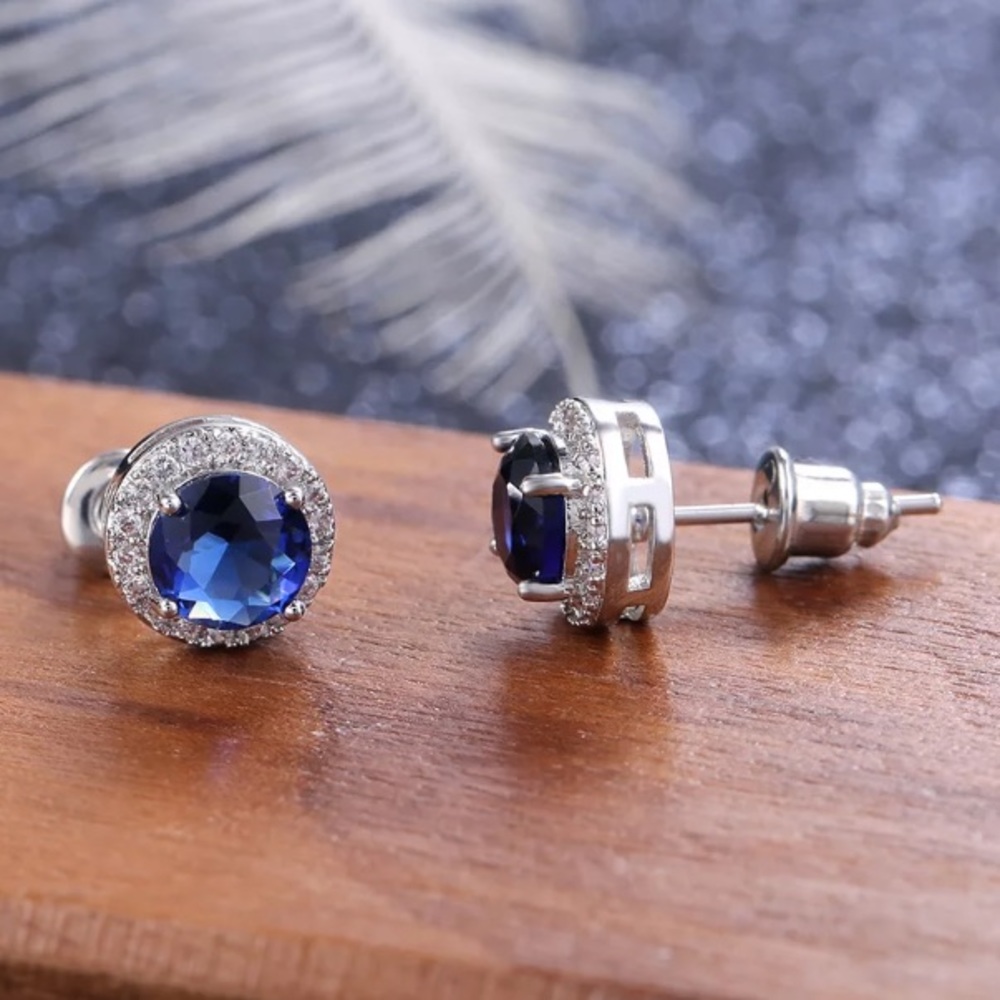 🌟 Gold Plated Blue CZ Stud Earrings